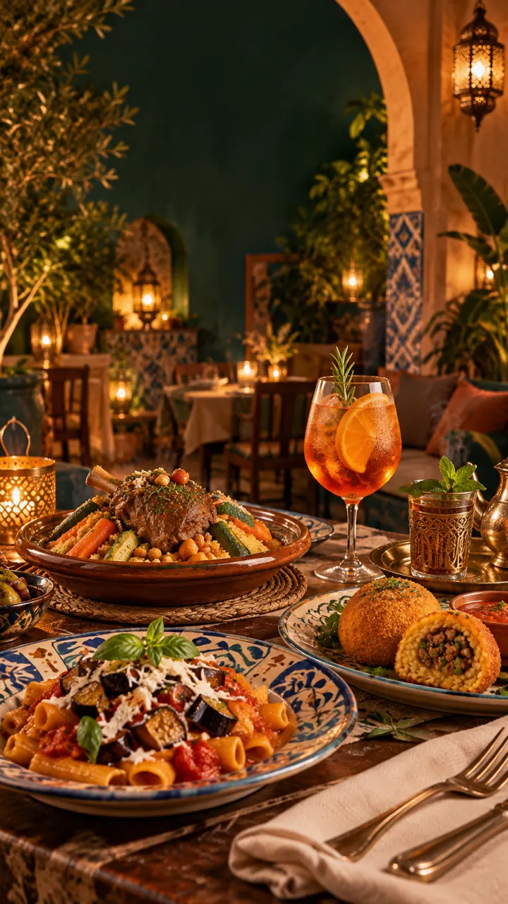 Mediterranean dishes and drinks around a restaurant table