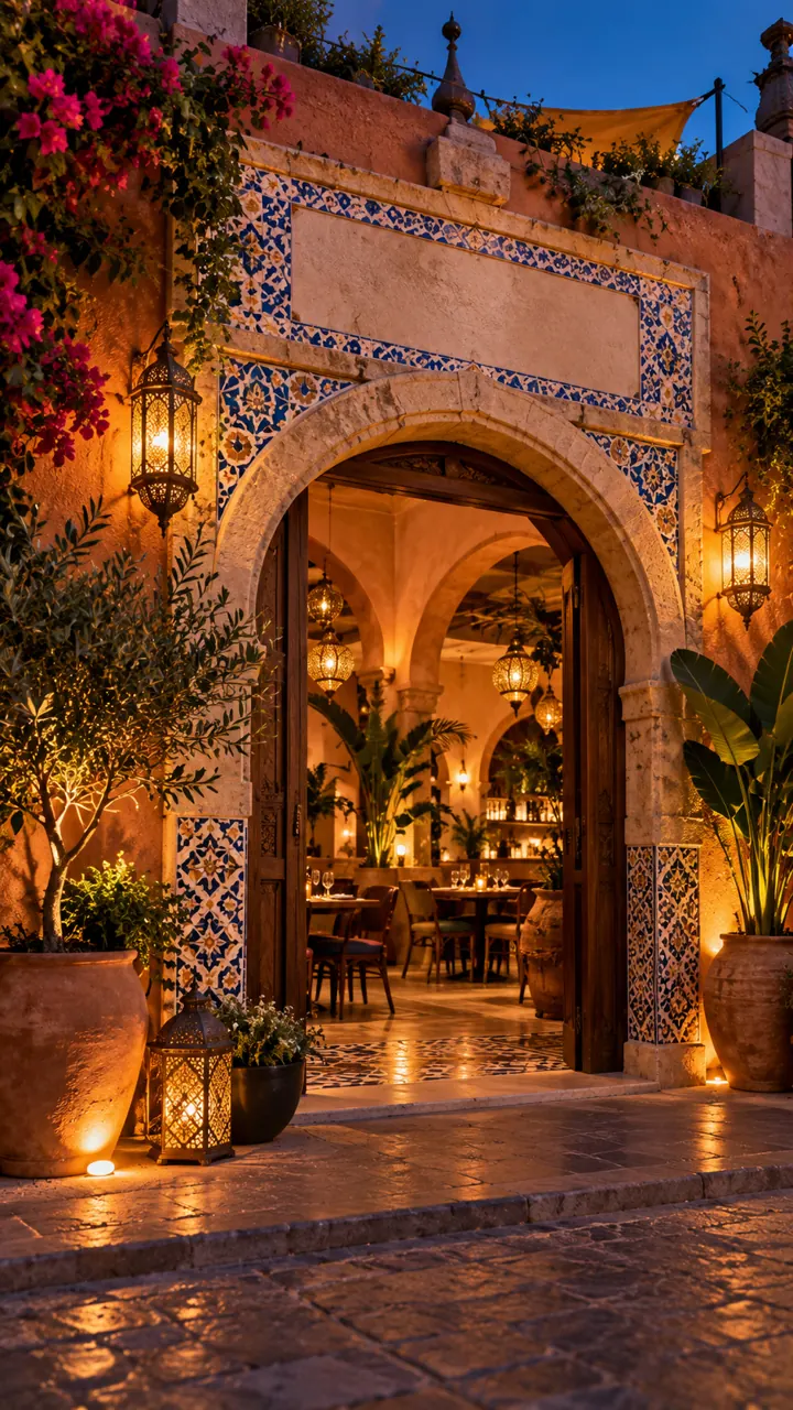 Mediterranean restaurant entrance illuminated at dusk