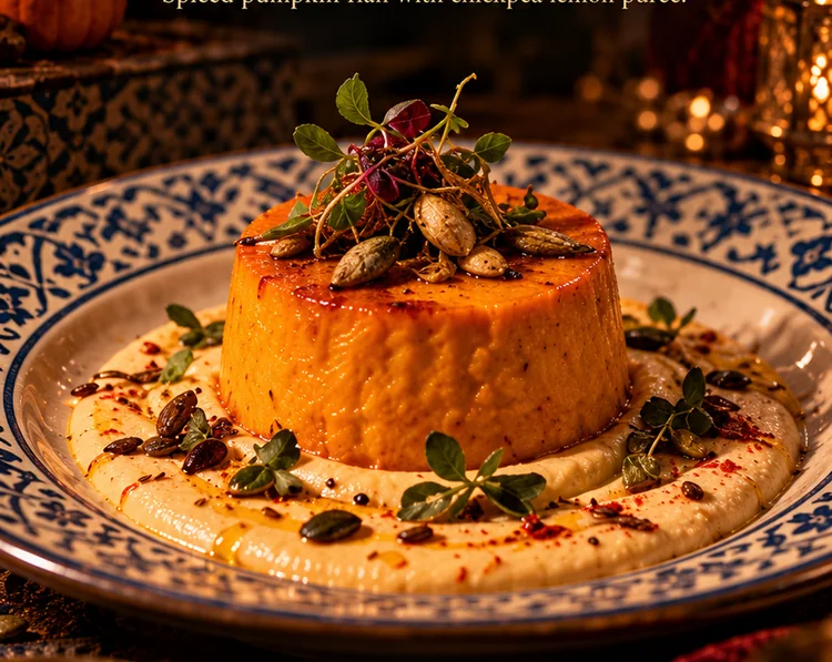 Pumpkin flan with chickpea lemon puree