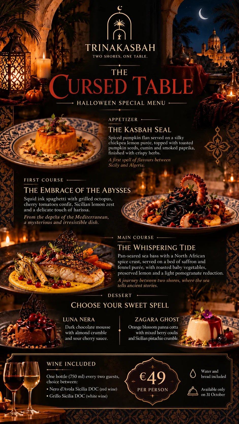 Complete The Cursed Table Halloween menu poster showing four courses, desserts and €49 price