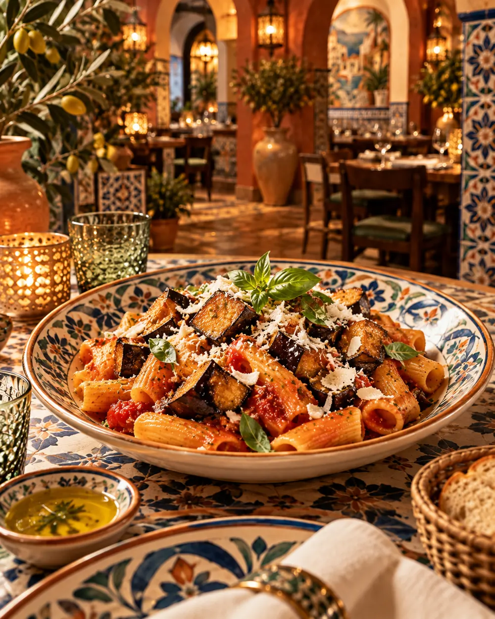 Pasta alla Norma served on patterned Mediterranean ceramic