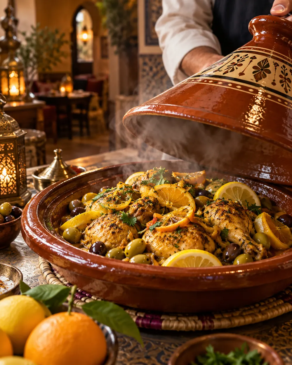 Warm citrus tajine being served